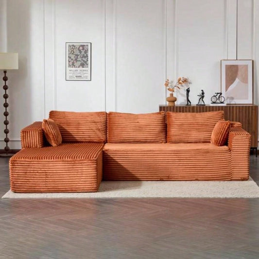 Compression Sectional Couch with Comfy Chaise, Boneless L Shape Sofa with Deep, Minimalist Modular Couches Sleeper Living Room Bedroom Apartment Lounge, Corduroy, Brown
