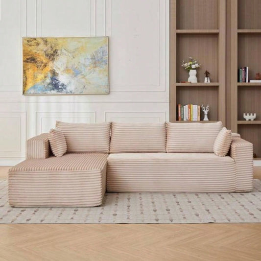 Compression Sectional Couch with Comfy Chaise, Boneless L Shape Sofa with Deep, Minimalist Modular Couches Sleeper Living Room Bedroom Apartment Lounge, corduroy, Beige