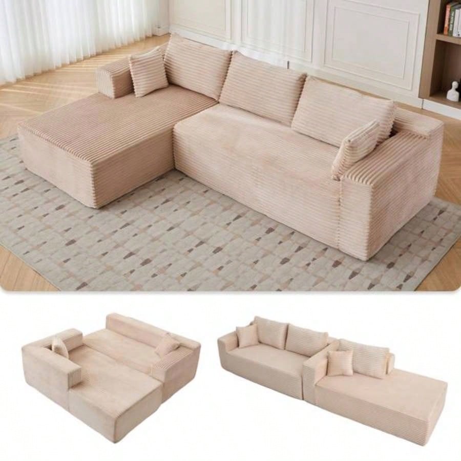 Compression Sectional Couch with Comfy Chaise, Boneless L Shape Sofa with Deep, Minimalist Modular Couches Sleeper Living Room Bedroom Apartment Lounge, corduroy, Beige