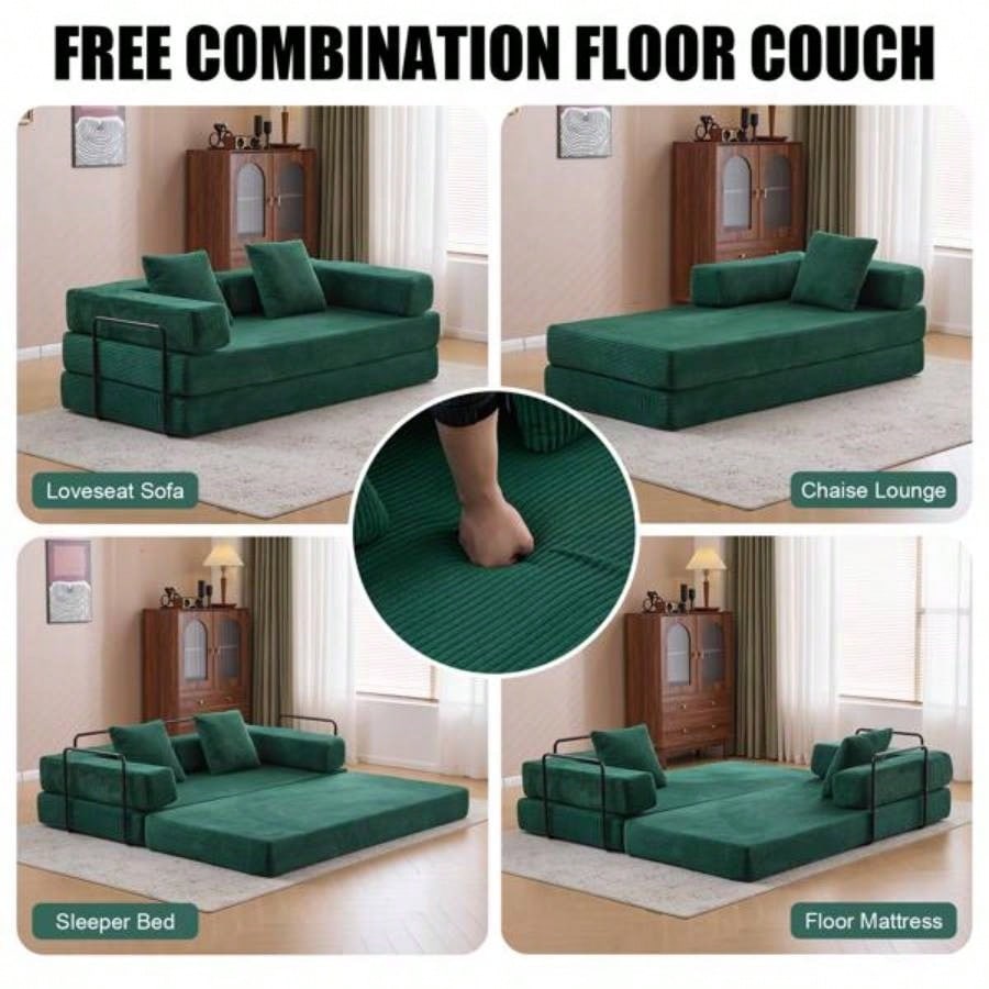 Floor Couch, Compression Sofa, Convertible Floor Sofa Bed - with Pillow Back Support Armrest, Comfy Futon Couch Lounge Sleeper Bed, Corduroy Fabric, Living Room Bedroom
