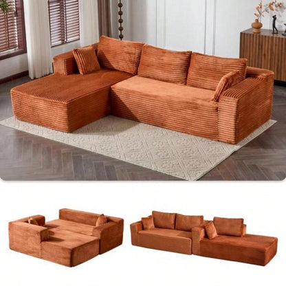 Compression Sectional Couch with Comfy Chaise, Boneless L Shape Sofa with Deep, Minimalist Modular Couches Sleeper Living Room Bedroom Apartment Lounge, Corduroy, Brown