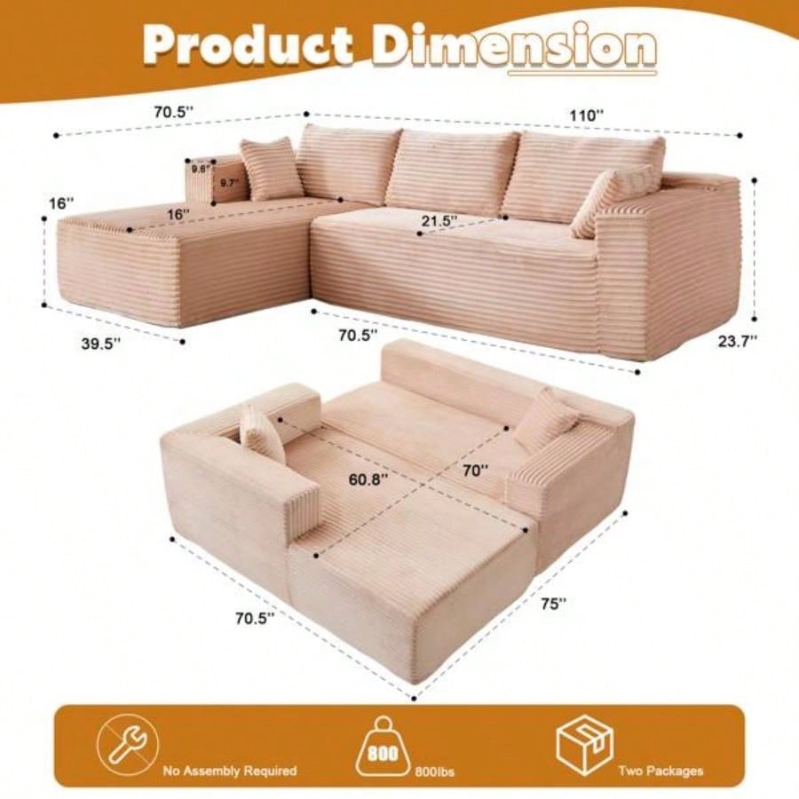 Compression Sectional Couch with Comfy Chaise, Boneless L Shape Sofa with Deep, Minimalist Modular Couches Sleeper Living Room Bedroom Apartment Lounge, corduroy, Beige