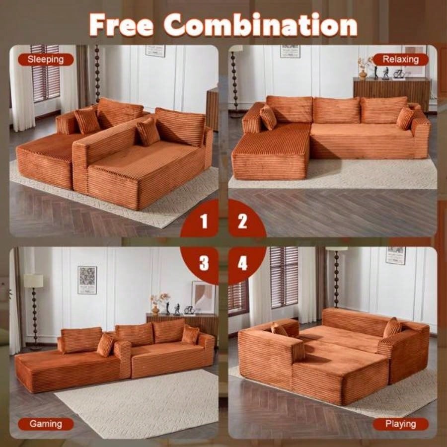 Compression Sectional Couch with Comfy Chaise, Boneless L Shape Sofa with Deep, Minimalist Modular Couches Sleeper Living Room Bedroom Apartment Lounge, Corduroy, Brown