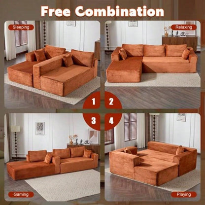 Compression Sectional Couch with Comfy Chaise, Boneless L Shape Sofa with Deep, Minimalist Modular Couches Sleeper Living Room Bedroom Apartment Lounge, Corduroy, Brown