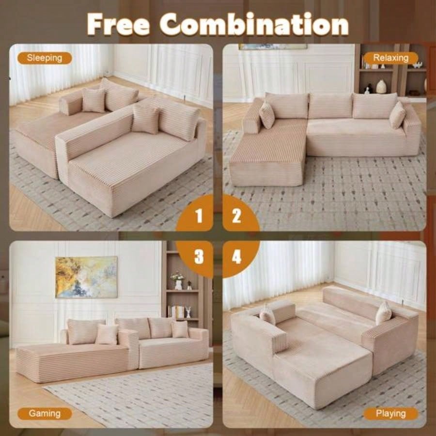 Compression Sectional Couch with Comfy Chaise, Boneless L Shape Sofa with Deep, Minimalist Modular Couches Sleeper Living Room Bedroom Apartment Lounge, corduroy, Beige