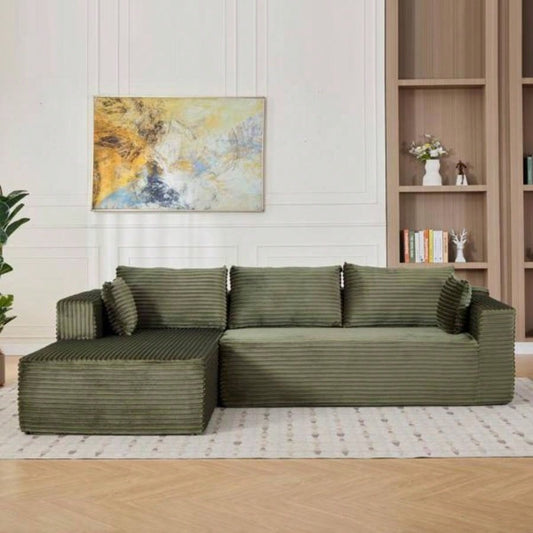Compression Sectional Couch with Comfy Chaise, Boneless L Shape Sofa with Deep, Minimalist Modular Couches Sleeper Living Room Bedroom Apartment Lounge, corduroy, corduroyGreen