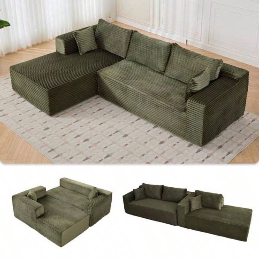 Compression Sectional Couch with Comfy Chaise, Boneless L Shape Sofa with Deep, Minimalist Modular Couches Sleeper Living Room Bedroom Apartment Lounge, corduroy, corduroyGreen