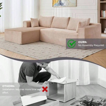 Compression Sectional Couch with Comfy Chaise, Boneless L Shape Sofa with Deep, Minimalist Modular Couches Sleeper Living Room Bedroom Apartment Lounge, corduroy, Beige