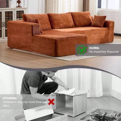 Compression Sectional Couch with Comfy Chaise, Boneless L Shape Sofa with Deep, Minimalist Modular Couches Sleeper Living Room Bedroom Apartment Lounge, Corduroy, Brown