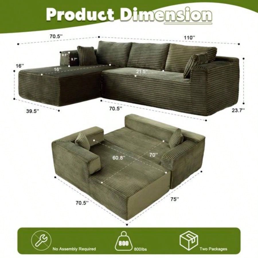 Compression Sectional Couch with Comfy Chaise, Boneless L Shape Sofa with Deep, Minimalist Modular Couches Sleeper Living Room Bedroom Apartment Lounge, corduroy, corduroyGreen