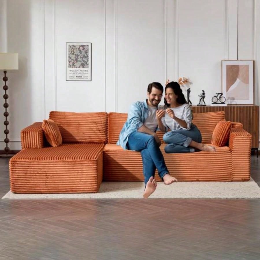 Compression Sectional Couch with Comfy Chaise, Boneless L Shape Sofa with Deep, Minimalist Modular Couches Sleeper Living Room Bedroom Apartment Lounge, Corduroy, Brown