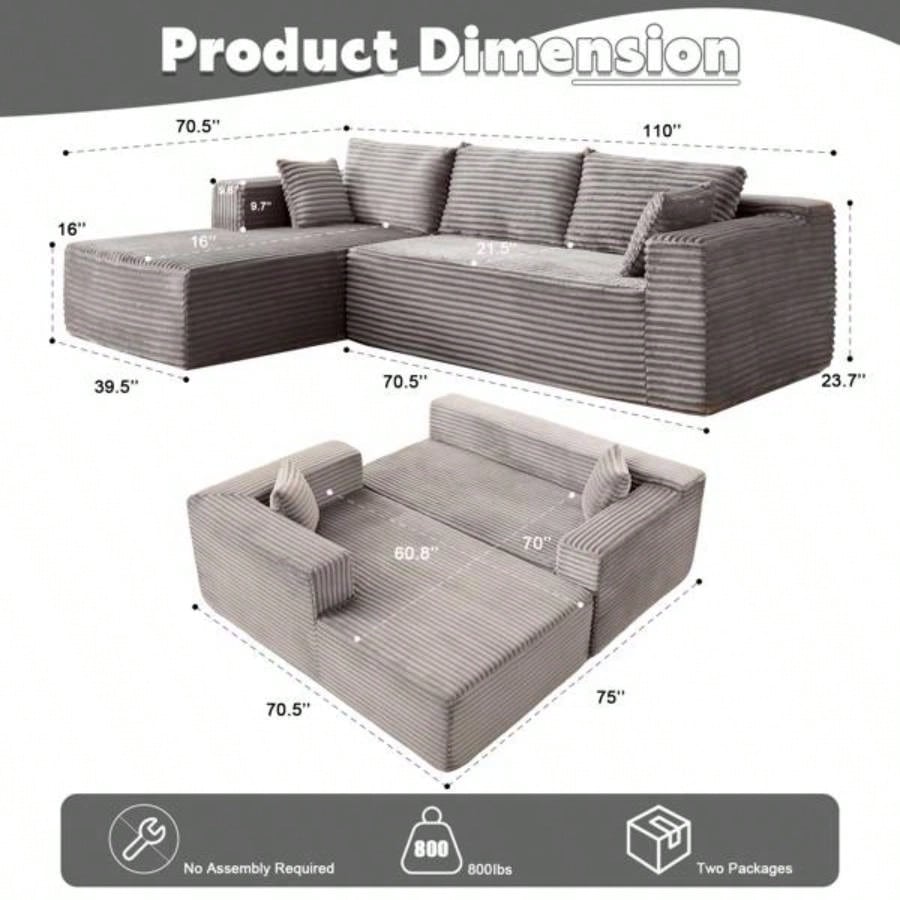 Compression Sectional Couch with Comfy Chaise, Boneless L Shape Sofa with Deep, Minimalist Modular Couches Sleeper Living Room Bedroom Apartment Lounge, corduroy, corduroyGrey