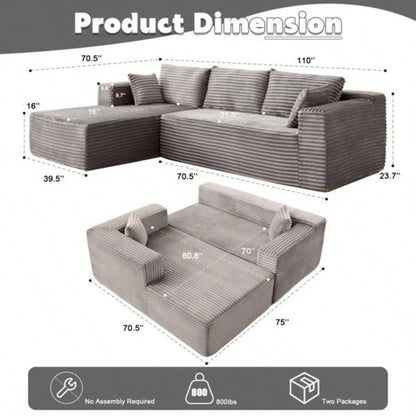 Compression Sectional Couch with Comfy Chaise, Boneless L Shape Sofa with Deep, Minimalist Modular Couches Sleeper Living Room Bedroom Apartment Lounge, corduroy, corduroyGrey