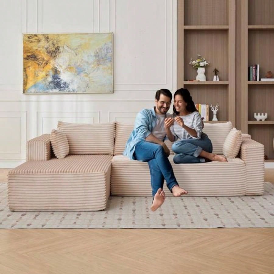 Compression Sectional Couch with Comfy Chaise, Boneless L Shape Sofa with Deep, Minimalist Modular Couches Sleeper Living Room Bedroom Apartment Lounge, corduroy, Beige