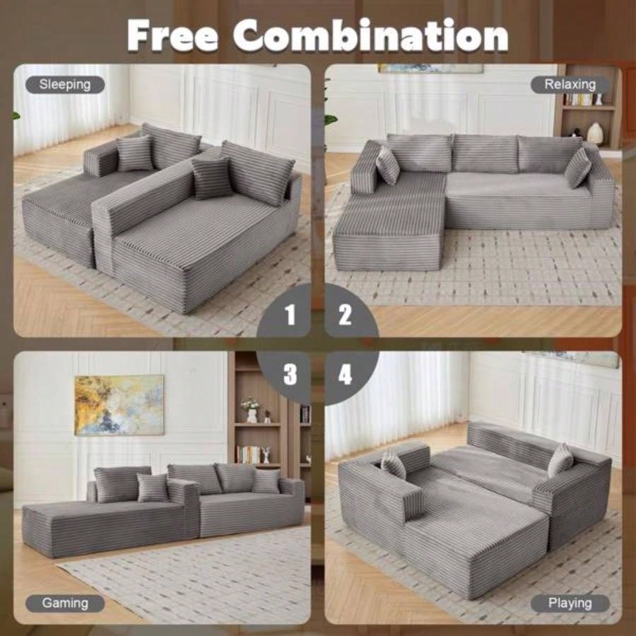 Compression Sectional Couch with Comfy Chaise, Boneless L Shape Sofa with Deep, Minimalist Modular Couches Sleeper Living Room Bedroom Apartment Lounge, corduroy, corduroyGrey