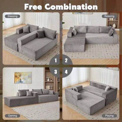 Compression Sectional Couch with Comfy Chaise, Boneless L Shape Sofa with Deep, Minimalist Modular Couches Sleeper Living Room Bedroom Apartment Lounge, corduroy, corduroyGrey