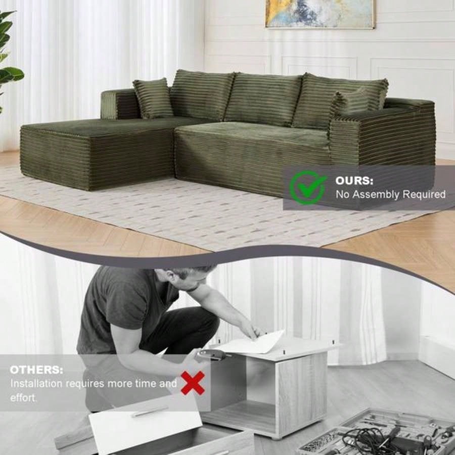 Compression Sectional Couch with Comfy Chaise, Boneless L Shape Sofa with Deep, Minimalist Modular Couches Sleeper Living Room Bedroom Apartment Lounge, corduroy, corduroyGreen
