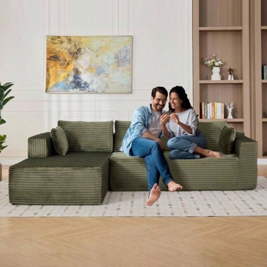 Compression Sectional Couch with Comfy Chaise, Boneless L Shape Sofa with Deep, Minimalist Modular Couches Sleeper Living Room Bedroom Apartment Lounge, corduroy, corduroyGreen