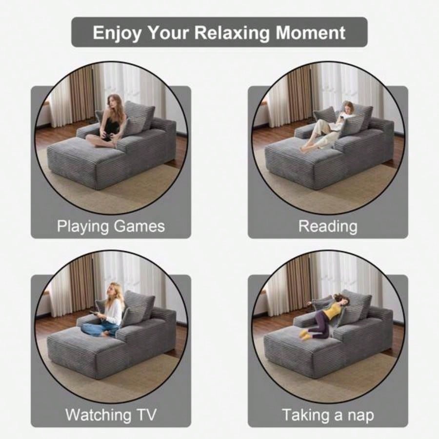 Oversized Chaise Lounge Chair Cozy Cloud Couch, Modern Plush Corduroy Upholstered Sleeper Sofa Daybed with 3 Throw Pillows and Wide Armrest Living Room, No Assembly Required,