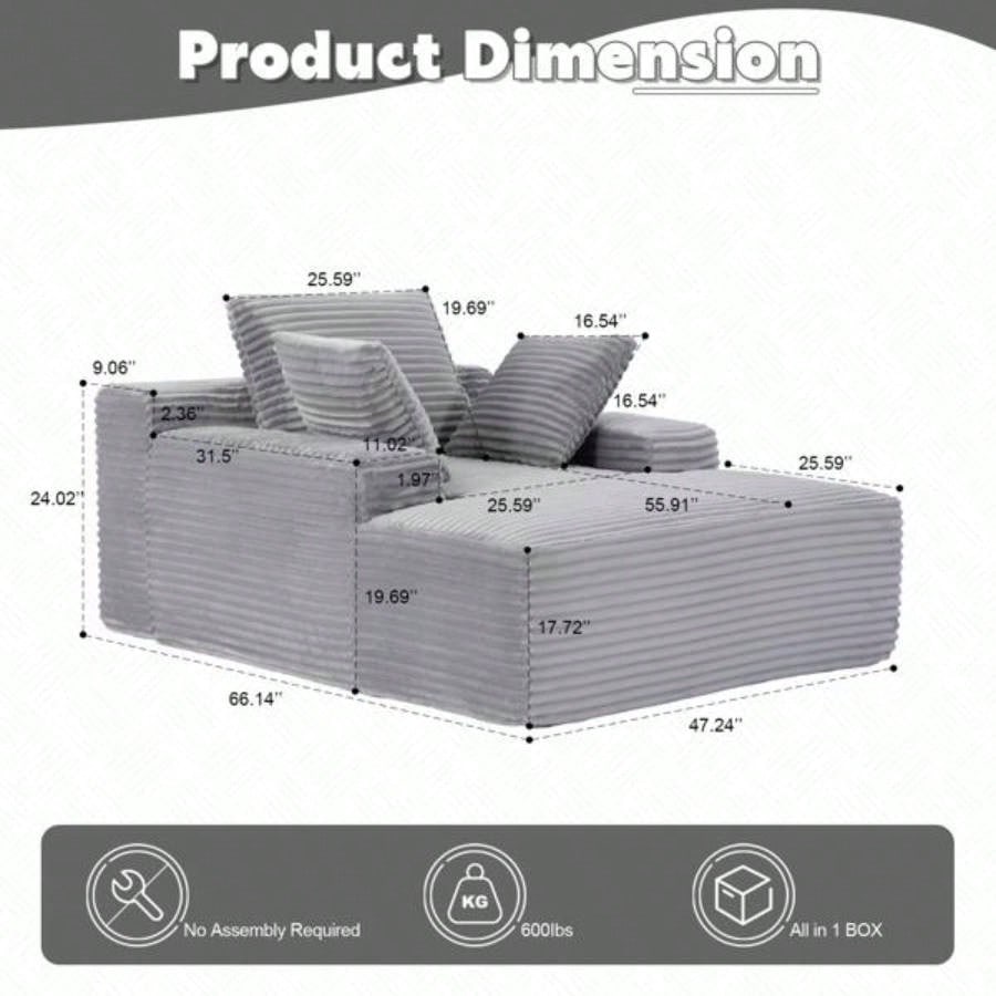 Oversized Chaise Lounge Chair Cozy Cloud Couch, Modern Plush Corduroy Upholstered Sleeper Sofa Daybed with 3 Throw Pillows and Wide Armrest Living Room, No Assembly Required,