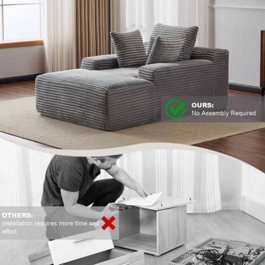 Oversized Chaise Lounge Chair Cozy Cloud Couch, Modern Plush Corduroy Upholstered Sleeper Sofa Daybed with 3 Throw Pillows and Wide Armrest Living Room, No Assembly Required,