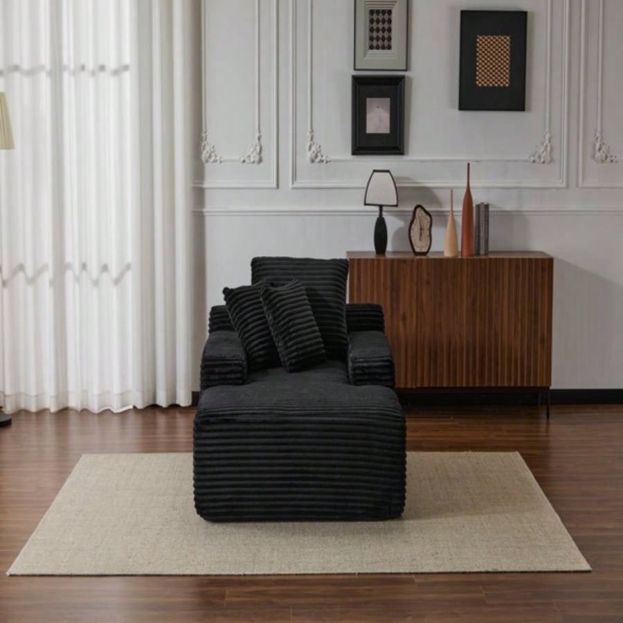 Oversized Chaise Lounge Chair Cozy Cloud Couch, Modern Plush Corduroy Upholstered Sleeper Sofa Daybed with 3 Throw Pillows and Wide Armrest Living Room, No Assembly Required, Black