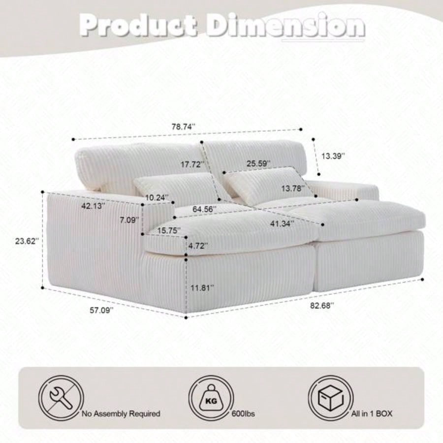 Double Chaise Lounge Chair Indoor, Oversized Upholstered Sleeper Cloud Couch, Deep Luxury Sofa Bed, Sectional Sofa Chaise Love - Corduroy Reading Chair Living Room, No Assembly Required, White