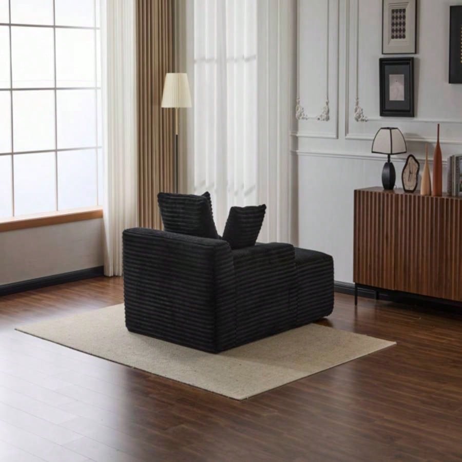 Oversized Chaise Lounge Chair Cozy Cloud Couch, Modern Plush Corduroy Upholstered Sleeper Sofa Daybed with 3 Throw Pillows and Wide Armrest Living Room, No Assembly Required, Black