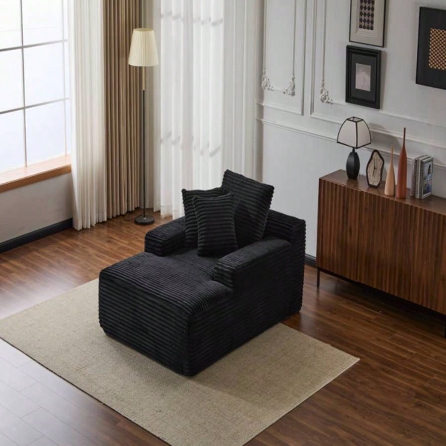 Oversized Chaise Lounge Chair Cozy Cloud Couch, Modern Plush Corduroy Upholstered Sleeper Sofa Daybed with 3 Throw Pillows and Wide Armrest Living Room, No Assembly Required, Black