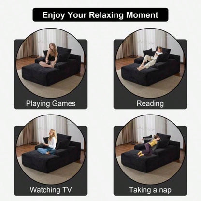 Oversized Chaise Lounge Chair Cozy Cloud Couch, Modern Plush Corduroy Upholstered Sleeper Sofa Daybed with 3 Throw Pillows and Wide Armrest Living Room, No Assembly Required, Black
