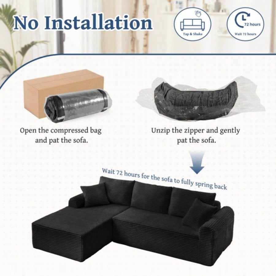 Full - Compression Chaise Lounge Set - Modular Corduroy Sectional with Arched Armrests, Non - Slip Base, Includes 3 Back Cushions 2 Throw Pillows, Right chaise longue sofa