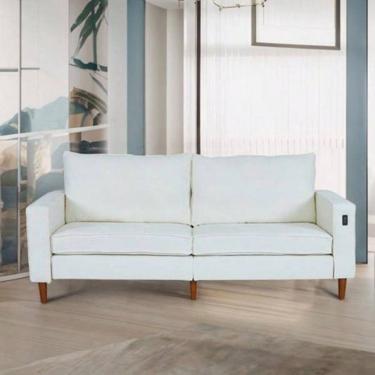 White Corduroy, Modern Style Solid Color Sofa Including USB interface Multi - Person Sofa, Suitable Living Room And Office