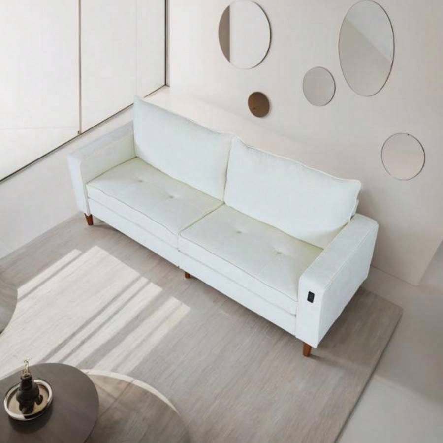 White Corduroy, Modern Style Solid Color Sofa Including USB interface Multi - Person Sofa, Suitable Living Room And Office