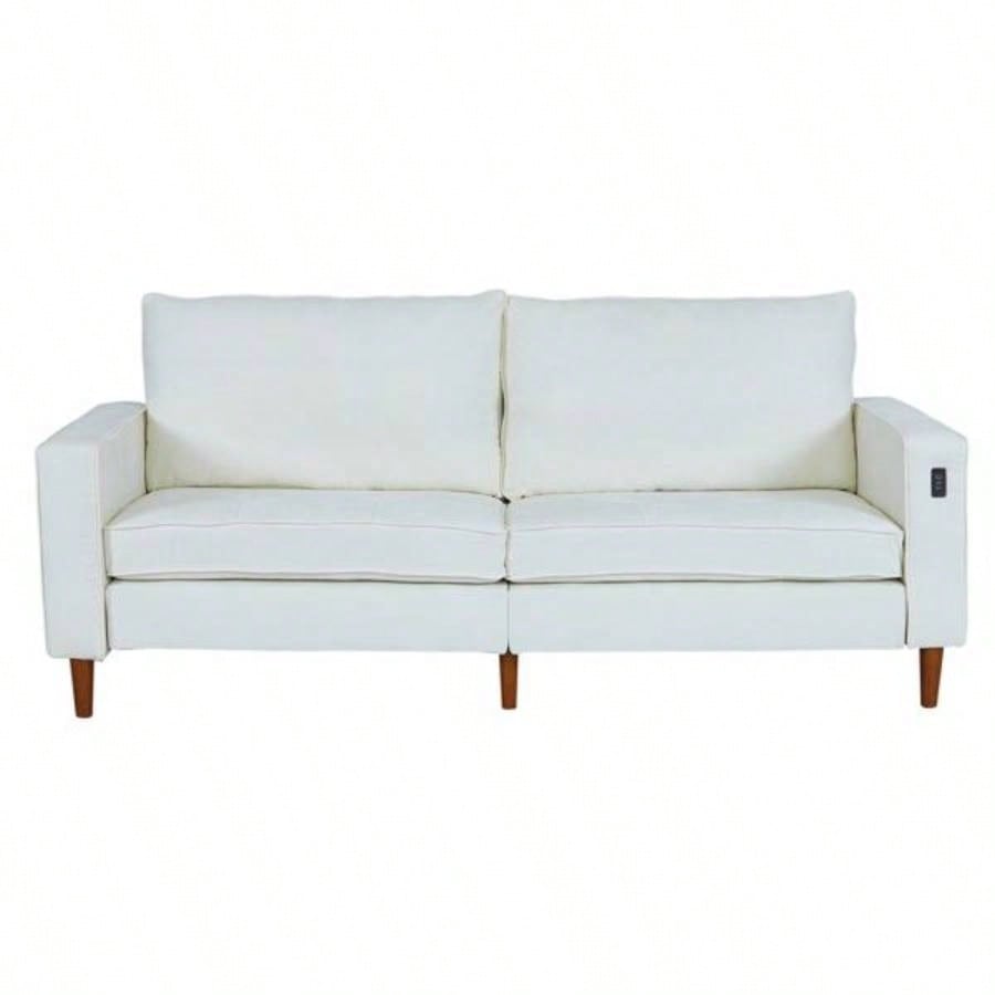White Corduroy, Modern Style Solid Color Sofa Including USB interface Multi - Person Sofa, Suitable Living Room And Office