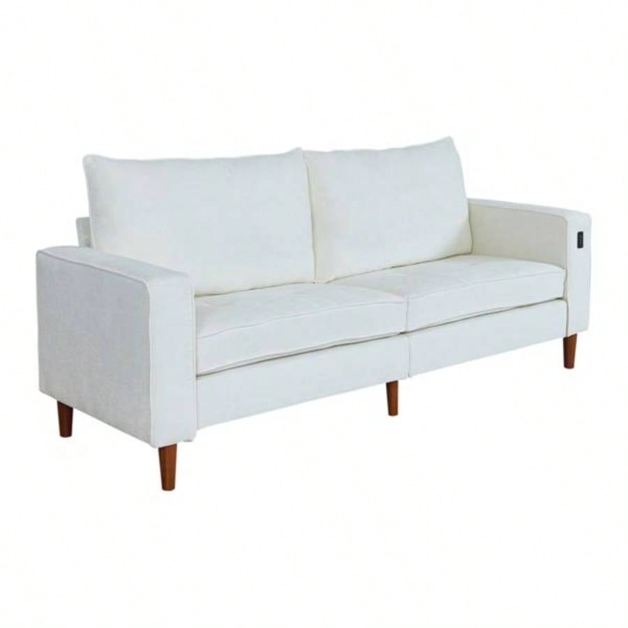 White Corduroy, Modern Style Solid Color Sofa Including USB interface Multi - Person Sofa, Suitable Living Room And Office