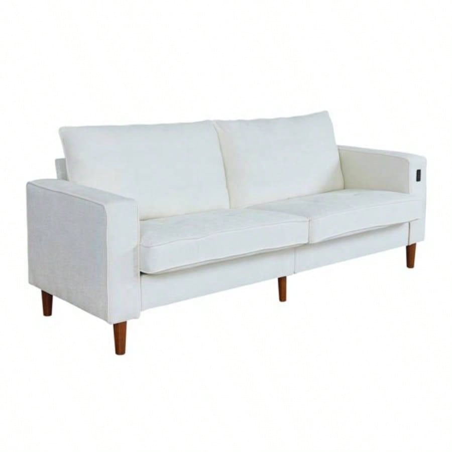 White Corduroy, Modern Style Solid Color Sofa Including USB interface Multi - Person Sofa, Suitable Living Room And Office