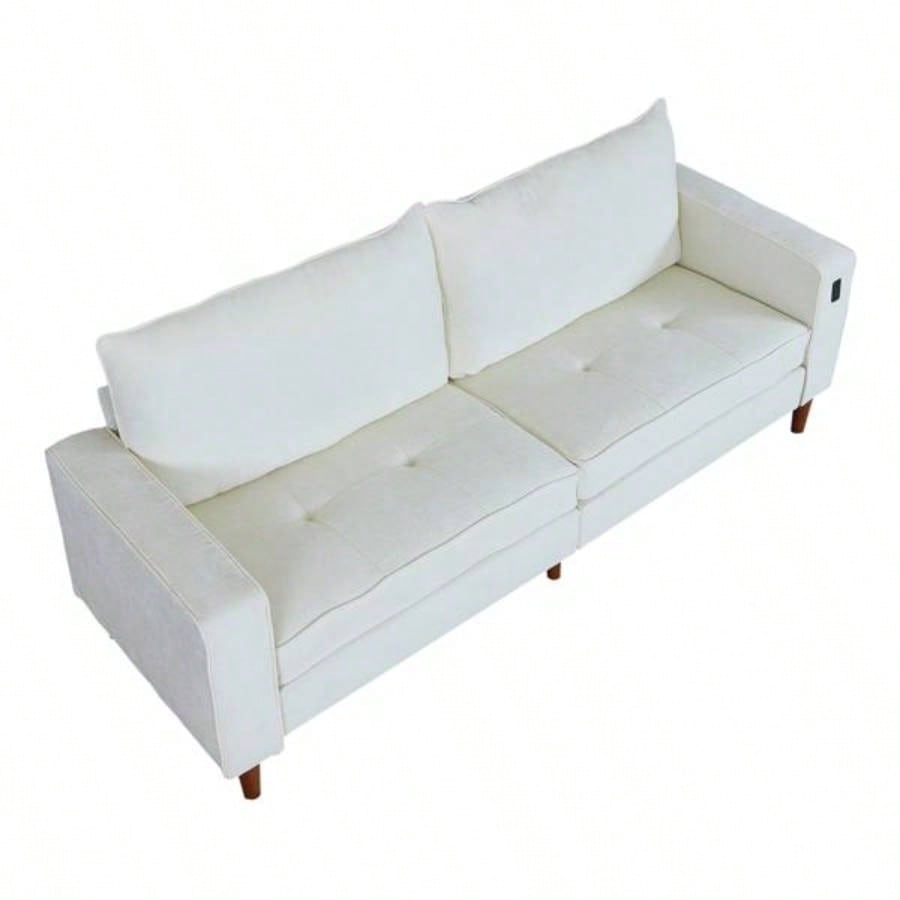 White Corduroy, Modern Style Solid Color Sofa Including USB interface Multi - Person Sofa, Suitable Living Room And Office