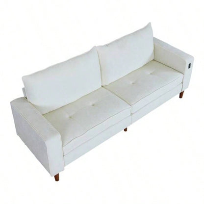 White Corduroy, Modern Style Solid Color Sofa Including USB interface Multi - Person Sofa, Suitable Living Room And Office