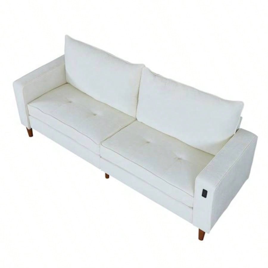 White Corduroy, Modern Style Solid Color Sofa Including USB interface Multi - Person Sofa, Suitable Living Room And Office