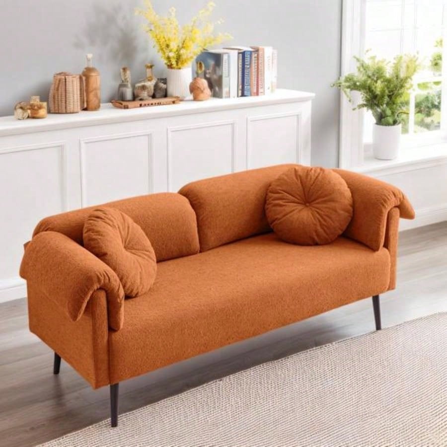 68.5 Modern Lamb Wool Sofa With Decorative Throw Pillows Small Spaces