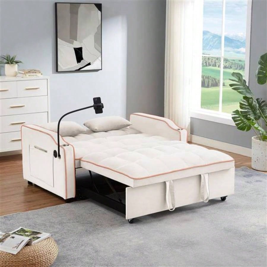 1 versatile foldable sofa bed in 3 lengths, modern sofa sofa sofa velvet pull - out bed, adjustable back and with USB port and ashtray and swivel phone stand beige