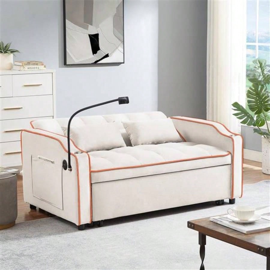 1 versatile foldable sofa bed in 3 lengths, modern sofa sofa sofa velvet pull - out bed, adjustable back and with USB port and ashtray and swivel phone stand beige