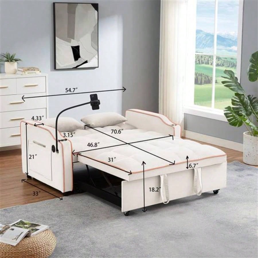1 versatile foldable sofa bed in 3 lengths, modern sofa sofa sofa velvet pull - out bed, adjustable back and with USB port and ashtray and swivel phone stand beige