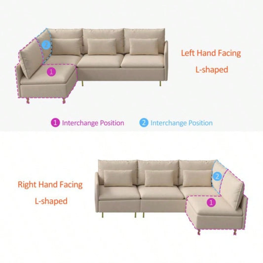 90.9Modular L - shaped corner sofa, movable chaise facing left/right, cotton - linen, livingroom, bedroom.