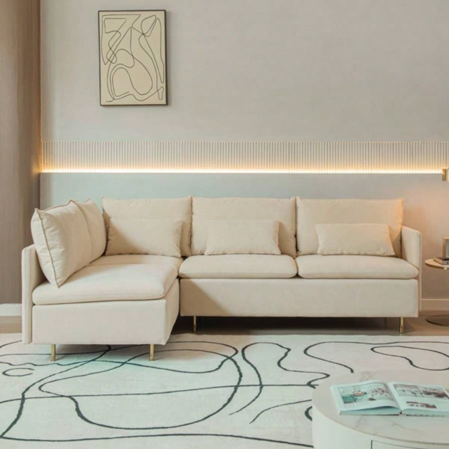 90.9Modular L - shaped corner sofa, movable chaise facing left/right, cotton - linen, livingroom, bedroom.