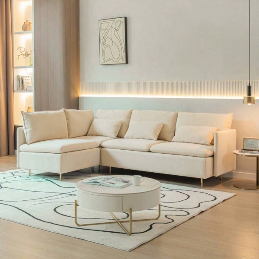 90.9Modular L - shaped corner sofa, movable chaise facing left/right, cotton - linen, livingroom, bedroom.