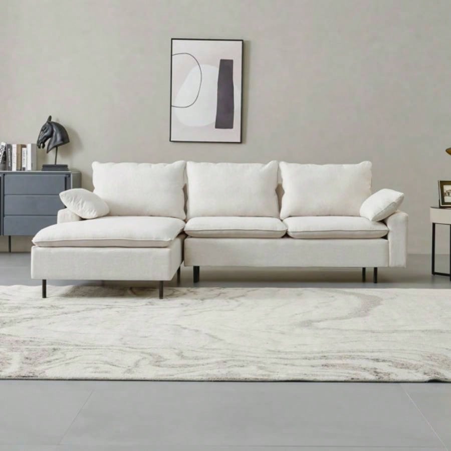 L - Shaped linen sectional sofa with right chaise, living room, bedroom, office.