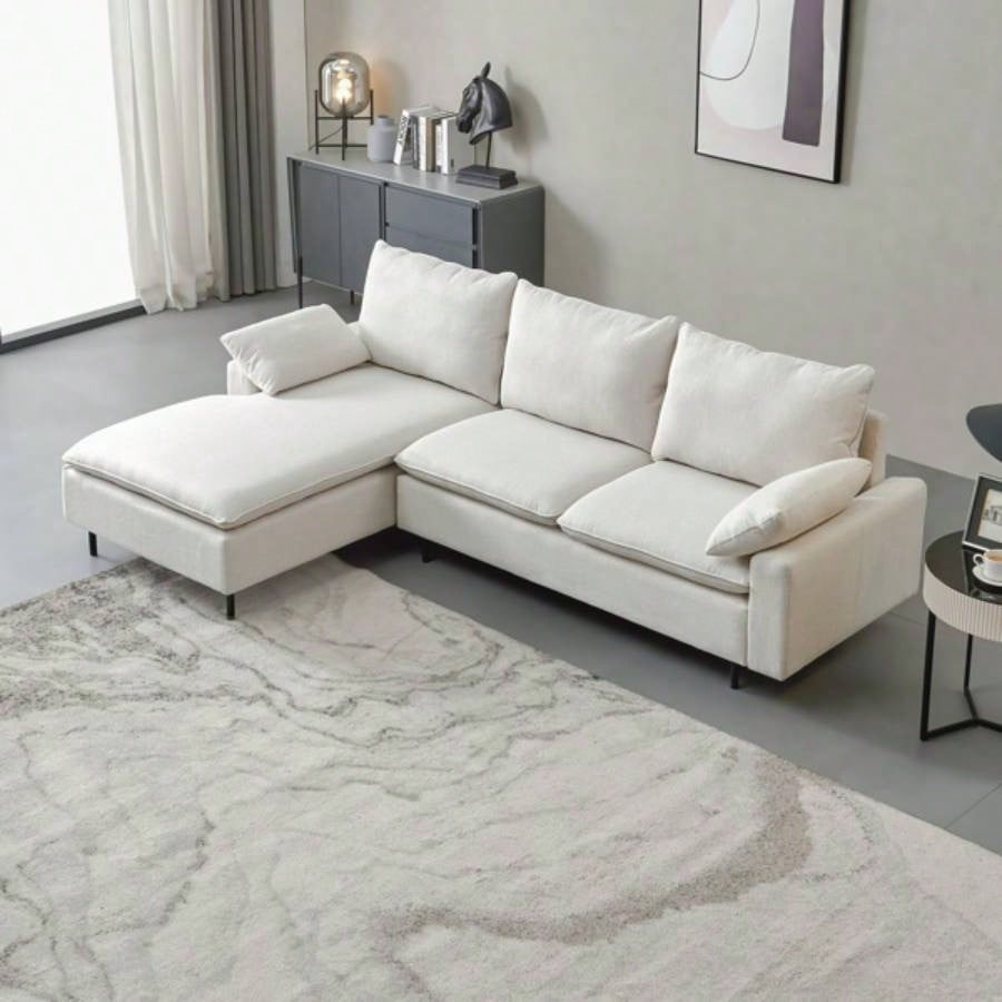 L - Shaped linen sectional sofa with right chaise, living room, bedroom, office.