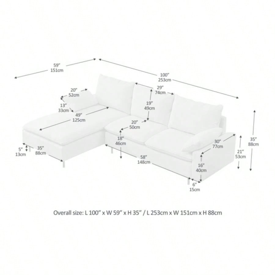 L - Shaped linen sectional sofa with right chaise, living room, bedroom, office.