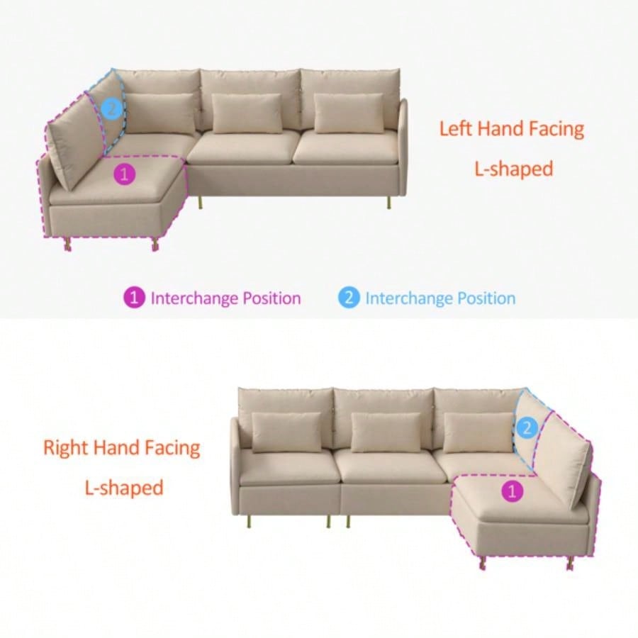 90.9Modular L - shaped corner sofa, movable chaise facing left/right, cotton - linen, livingroom, bedroom.